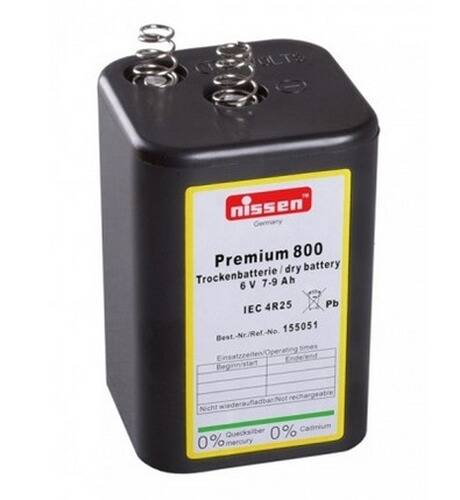 Eine rechteckige schwarze Trockenbatterie mit der Bezeichnung „Premium 800