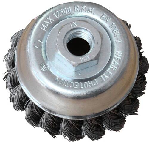 Stahlbürste mit kreisförmiger Grundplatte, entwickelt für Elektrowerkzeuge, gekennzeichnet mit max. 12500 U/min und Sicherheitswarnungen.