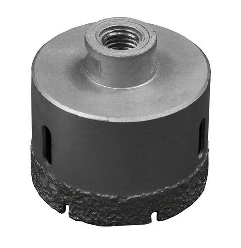 Metallisches Lochsägewerkzeug mit Schleifkante und Mittelgewindeanschluss, verwendet zum Schneiden großer Löcher in verschiedenen Materialien.
