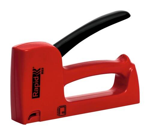 Eine rote tragbare Heftmaschine mit schwarzem Griff, beschriftet mit „Rapid R53
