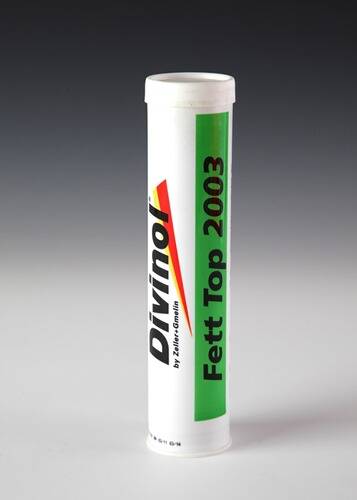 Ein Behälter mit der Bezeichnung „Divinol Fett Top 2003