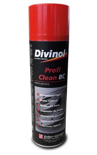 Divinol Profi Clean BC Bremsenreiniger, rote und schwarze Dose mit mehrsprachigem Etikett.