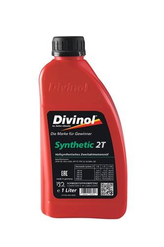 Divinol Synthetic 2T' rote Ölflasche, 1 Liter, mit schwarzem Verschluss. Der Text lautet „Vollsynthetisches Zweitaktmotorenöl