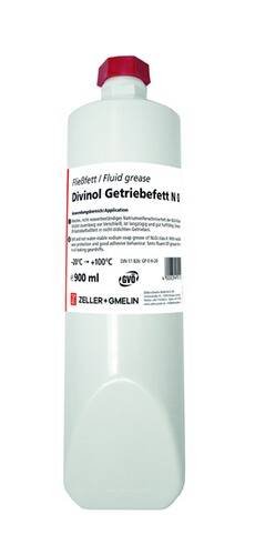 Divinol Getriebefett N' Fluidschmierstoff-Flasche mit Anwendungsanleitung in deutscher Sprache. Temperaturbereich: -30°C bis +100°C. 900ml von Zeller+Gmelin.