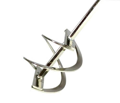 Ein Metallfarbrührer-Aufsatz mit zwei gekrümmten Blättern, entwickelt zum Aufstecken auf eine Elektrobohrmaschine für effizientes Mischen von Farben und anderen Flüssigkeiten.