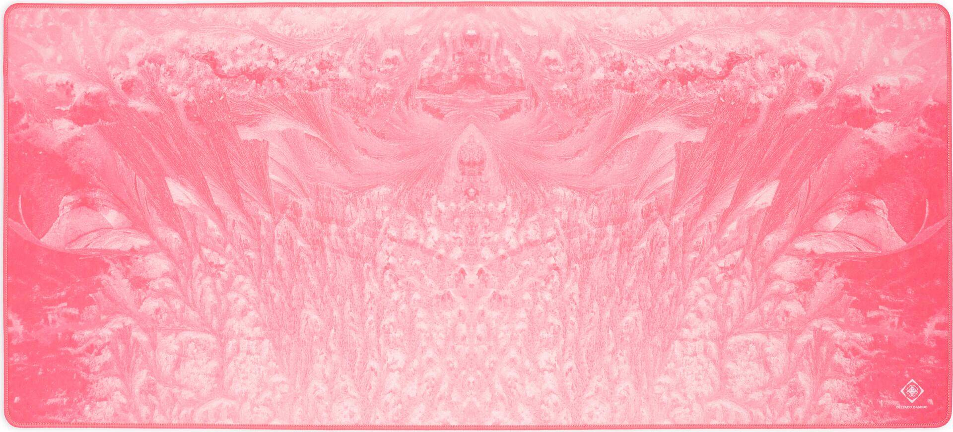 Rosa abstraktes symmetrisches Muster mit strukturierten Formen und Wirbeln. Das Design ist aufwändig und entlang der vertikalen Achse gespiegelt.