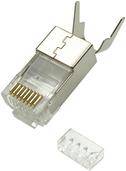 Ein RJ45-Stecker mit Metallabschirmung, üblicherweise für Ethernet-Netzwerke verwendet. Die vergoldeten Kontakte des Steckers sind sichtbar und für stabile Verbindungen ausgelegt.