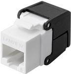 Ein weißer und schwarzer RJ45-Keystone-Stecker für Ethernet-Kabel, verwendet für Netzwerkinstallationen, zeigt den Anschlussanschluss und die Verriegelung.