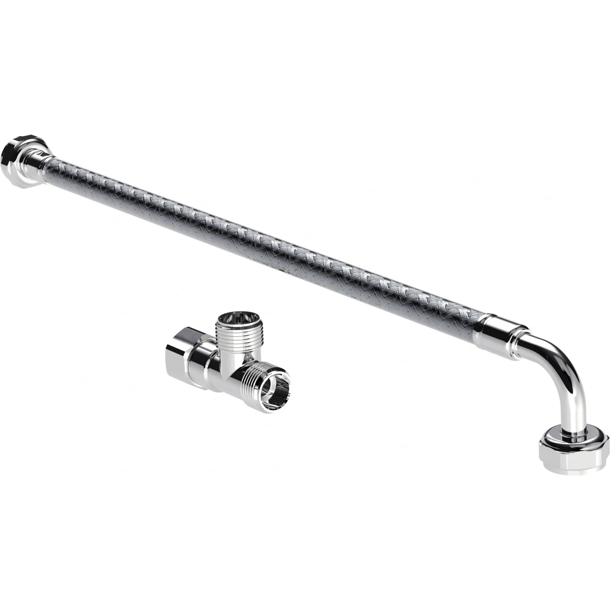 Verchromter flexibler Wasserhahn-Anschlussschlauch mit Metallanschlüssen und einem darunter gezeigten T-Adapter-Anschluss