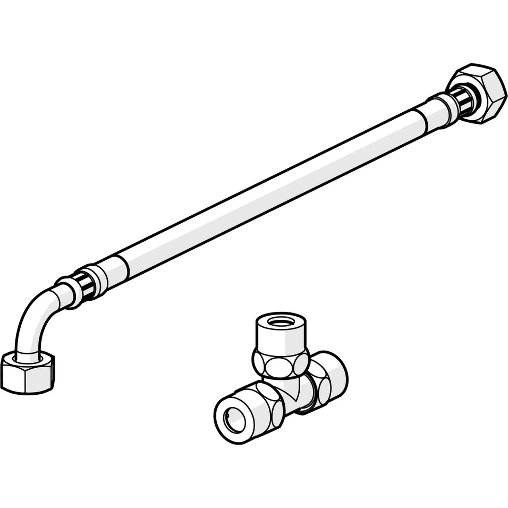 Diagramm einer Schlauchverlauf: ein langer flexibler Schlauch mit Verschraubungen und einem Bogenkuppler neben einer separaten Ventil- oder Kupplungskomponente.