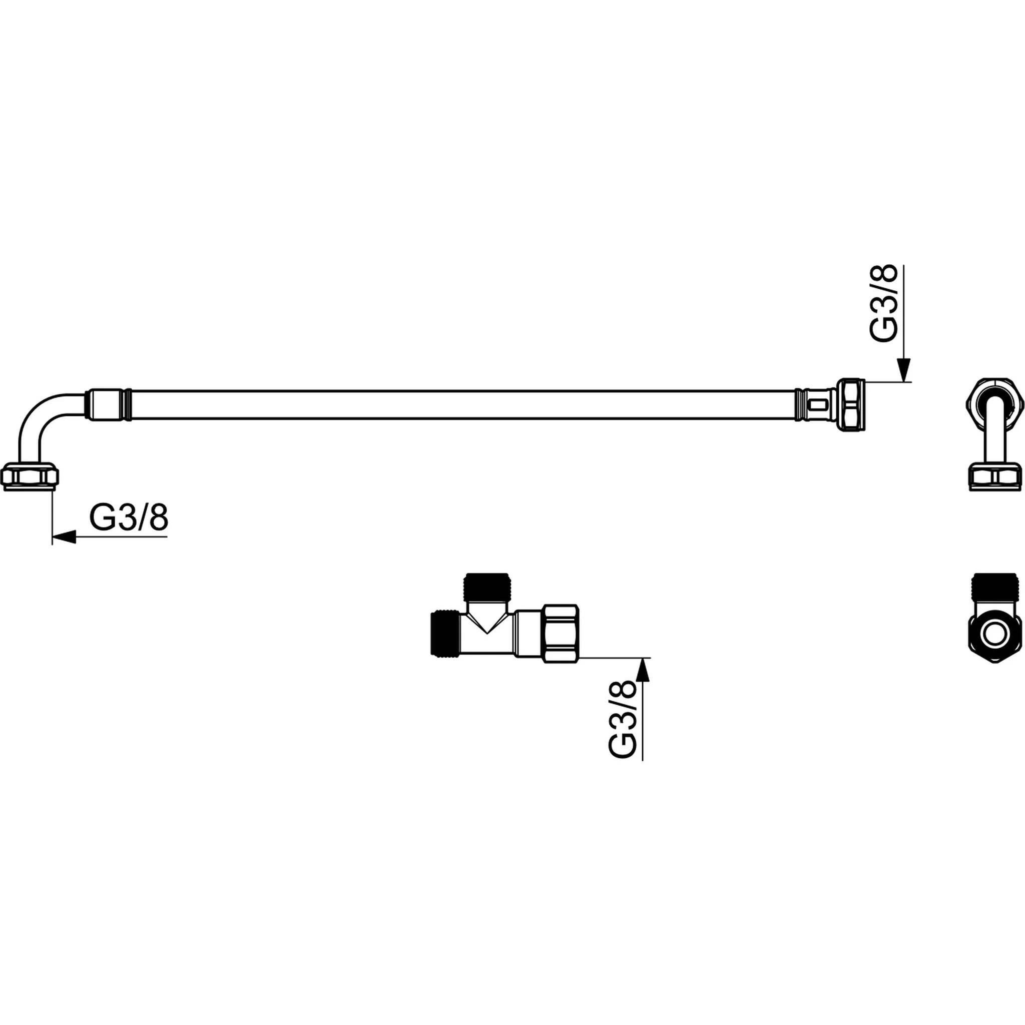 Technische Linienzeichnung einer Schlaucharmatur mit G3/8-Gewindeverbindungen und einer Ventilarmatur, mit Darstellung von Verbinderdetails und Endansichten.