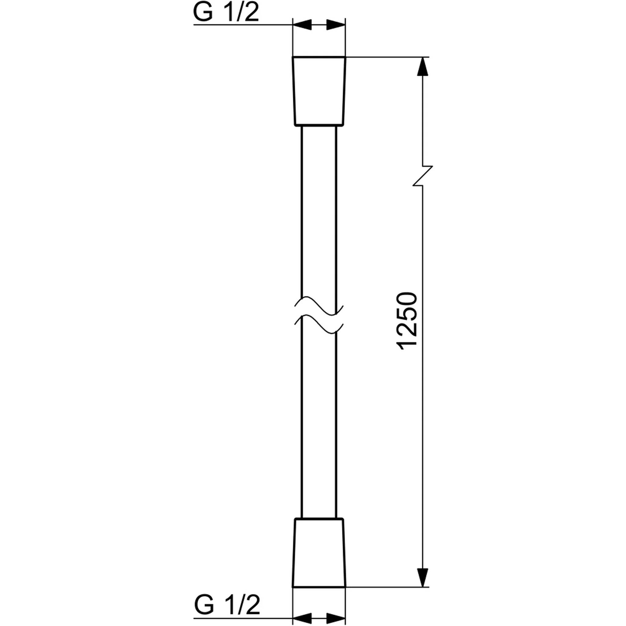 Technische Zeichnung eines Schlauch- oder Rohrkonnektors, an beiden Enden mit G 1/2 gekennzeichnet, mit einer Gesamtlänge von 1250 mm.