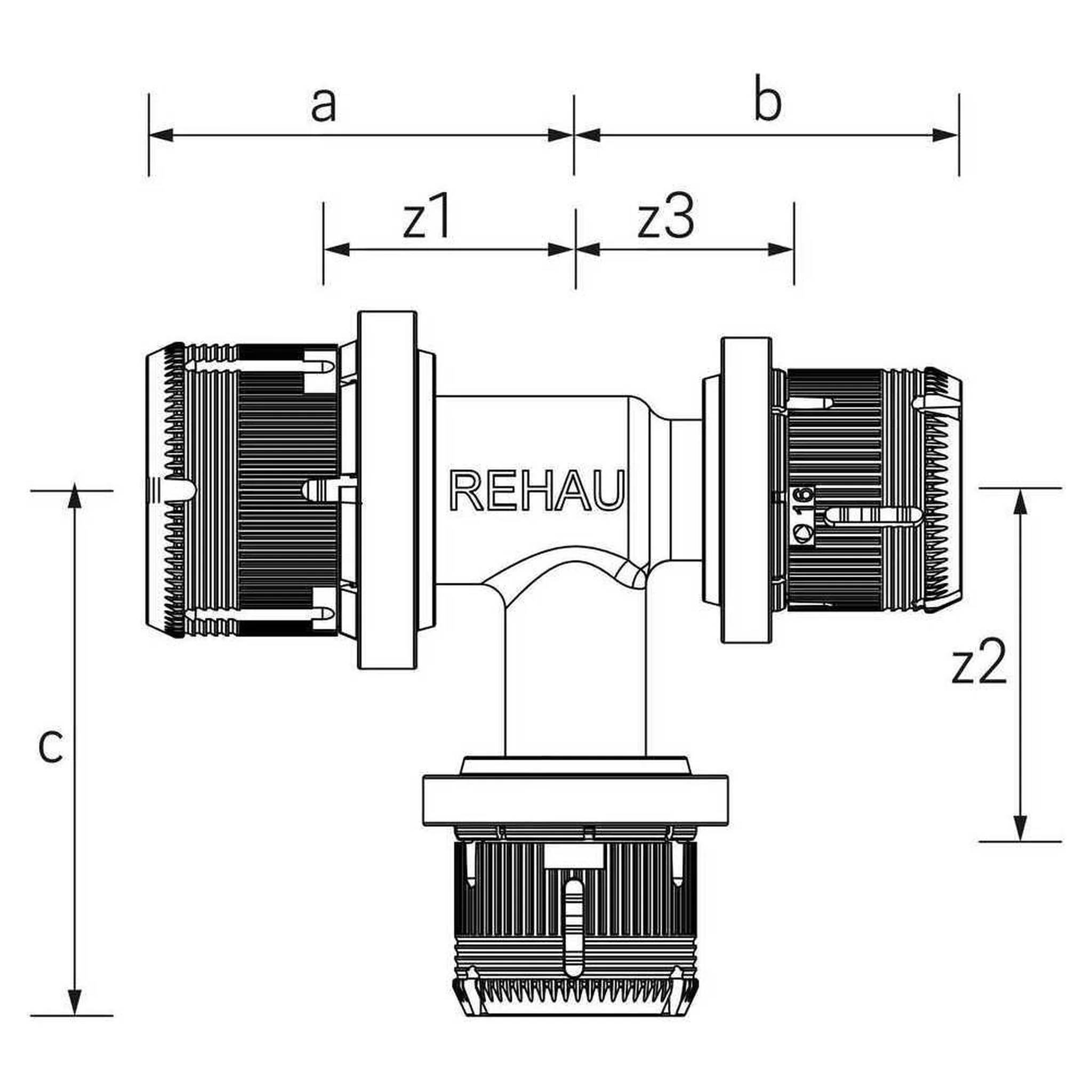Technisches Diagramm einer T-förmigen Rohrverbindung von REHAU mit beschrifteten Abmessungen a, b, c, z1, z2 und z3.