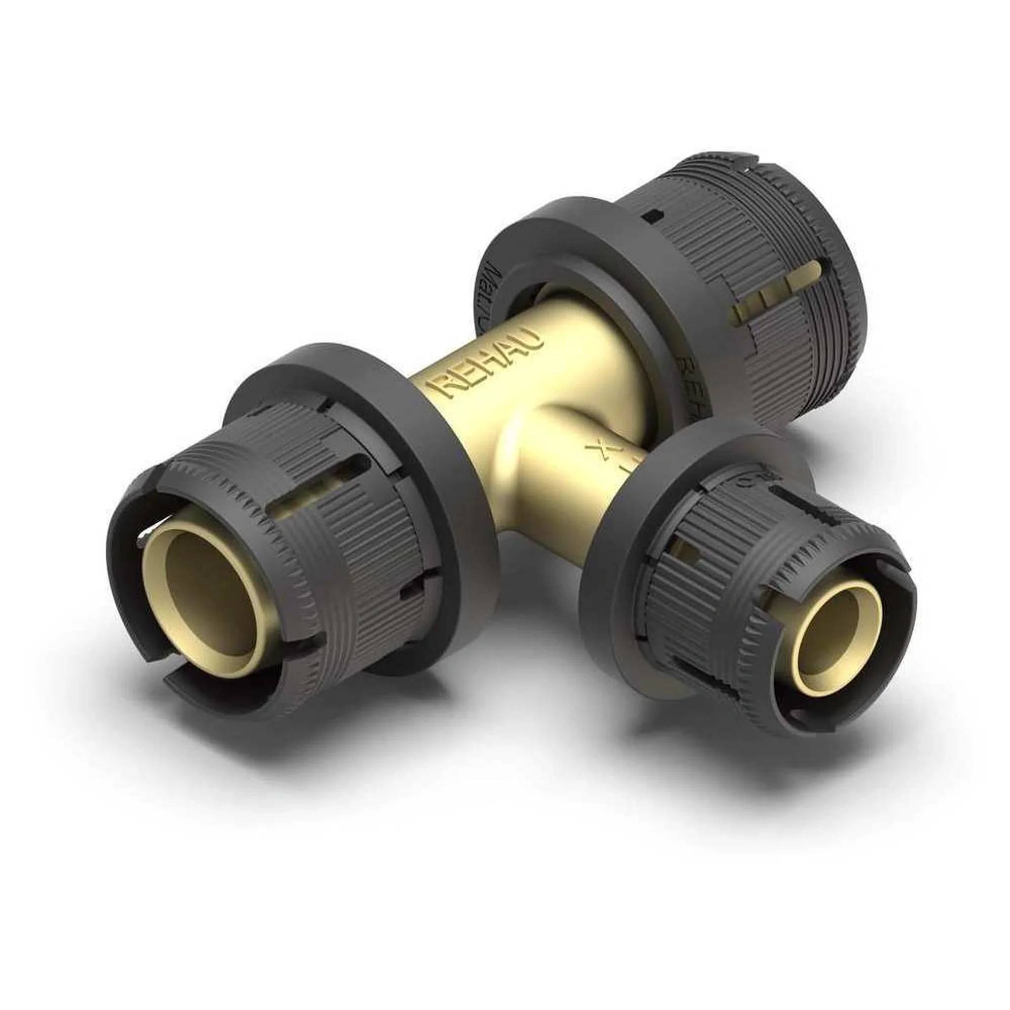 Messing-Drei-Wege-Rohrverschraubungs-T-Stück mit drei schwarzen Gewindekompresionsverschraubungen auf weißem Hintergrund.