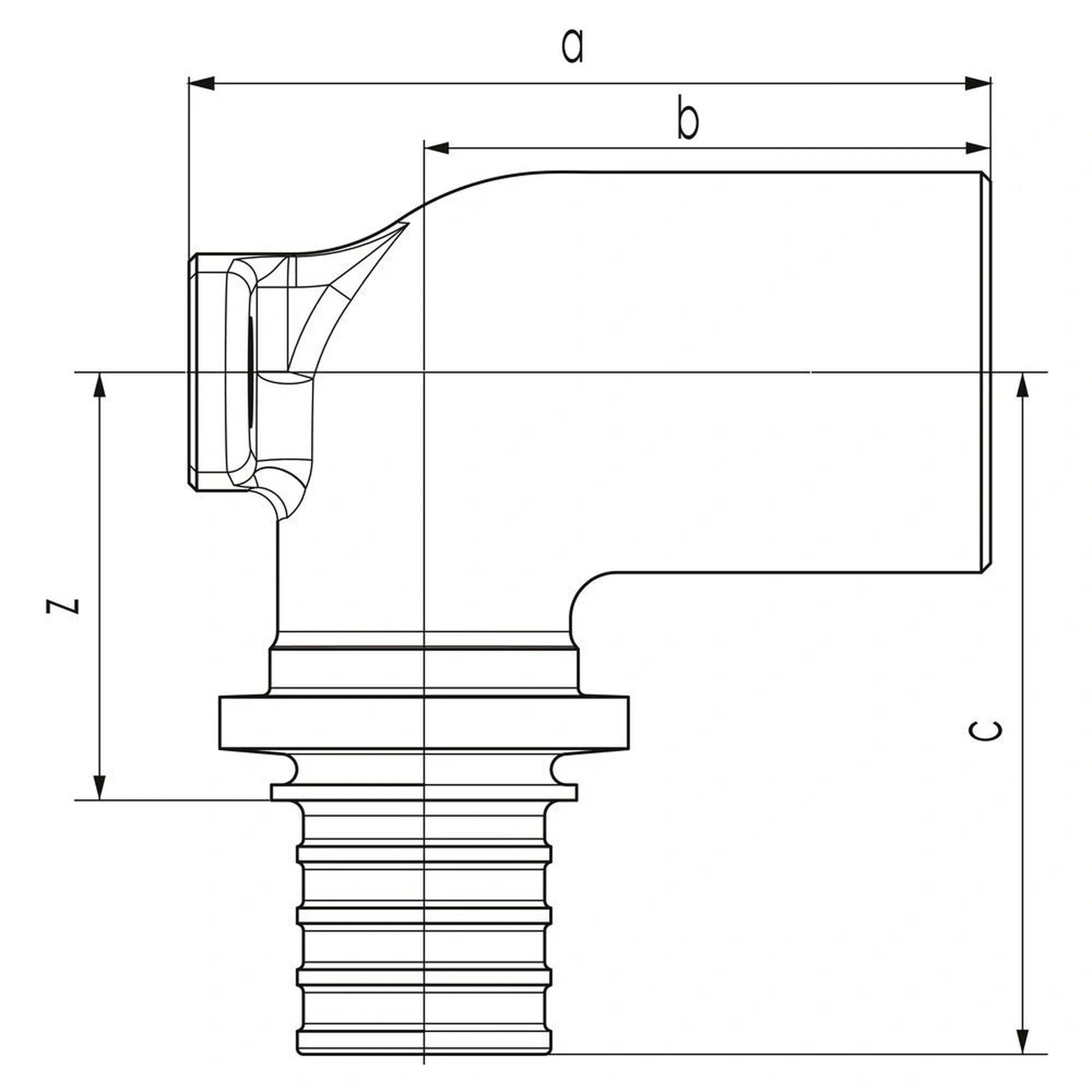 Technische Linienzeichnung einer rechtwinkligen Rohrfitting mit Dimensionsbeschriftungen a, b, c und z, die Gesamtlänge und Höhenmessungen zeigen.