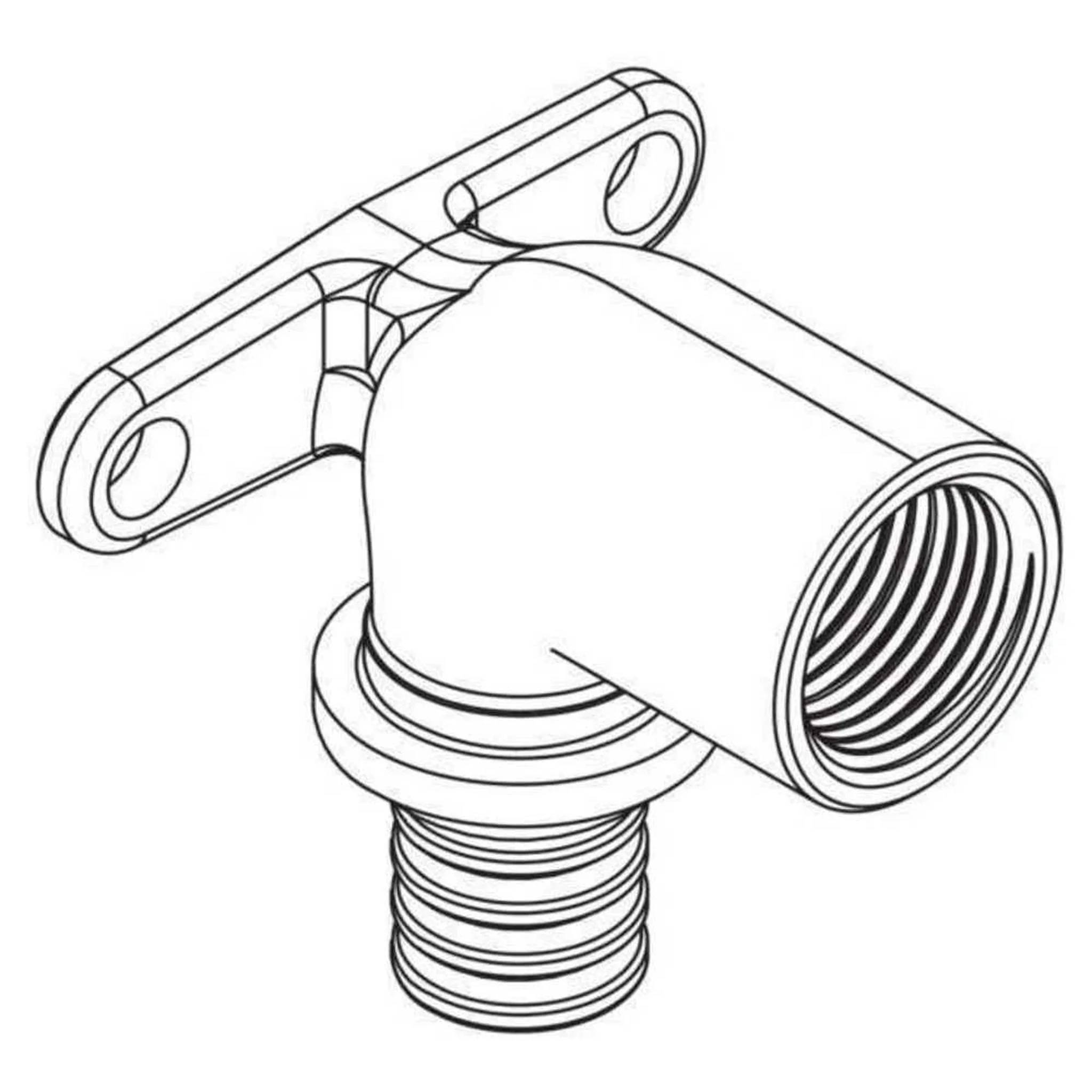 Strichzeichnung einer Gewinderohrarmatur mit Wandmontage-Flansch und Seitenauslass, dargestellt im technischen Illustrationsstil.