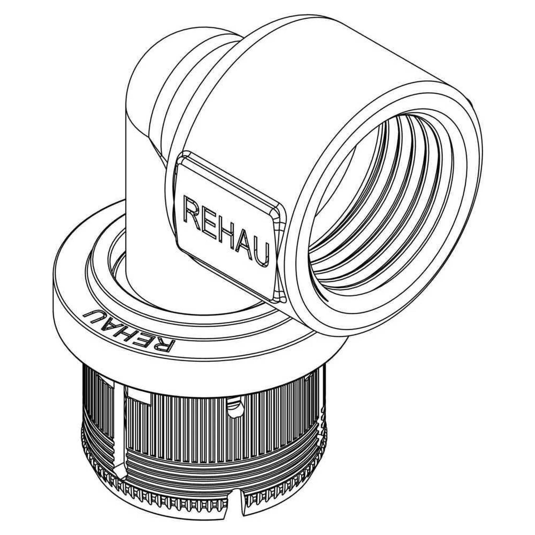 Technische Linienzeichnung eines REHAU-Rohranschlussadapters, die Gewindeverbinder- und Kopplungskomponenten zeigt.