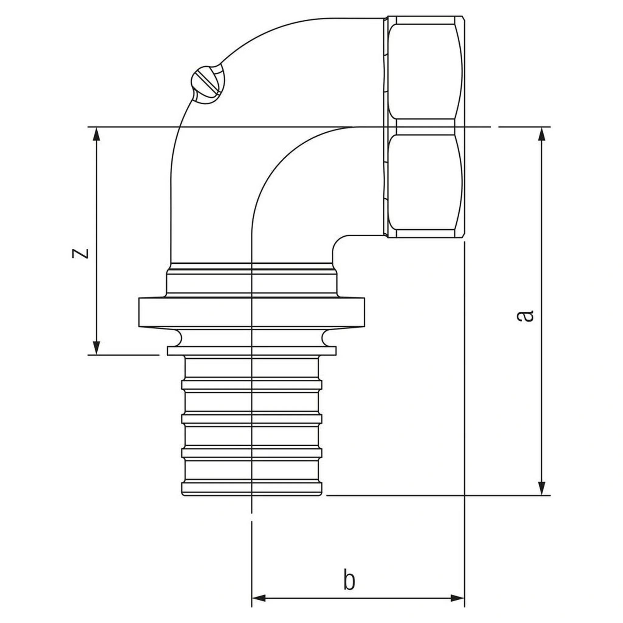 Technische Zeichnung einer 90-Grad-Bogenfitting mit Gewindeende, beschriftet mit den Abmessungen a, b und z.