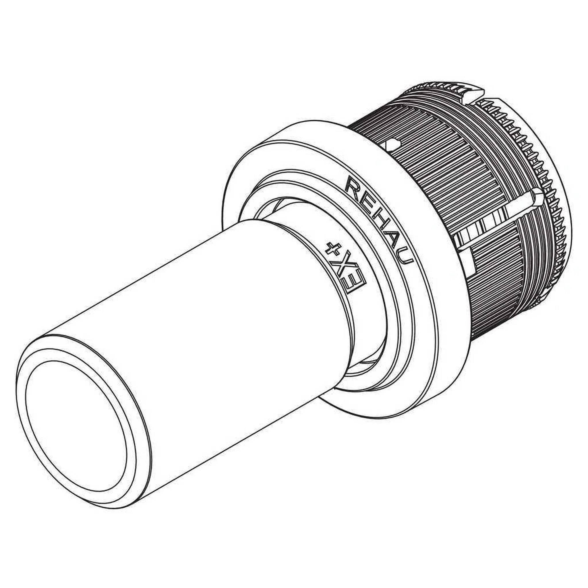 Technische Strichzeichnung einer zylindrischen REXAU-Mechanikverbindungsverschraubung mit Gewindelende und Kupplungsring.