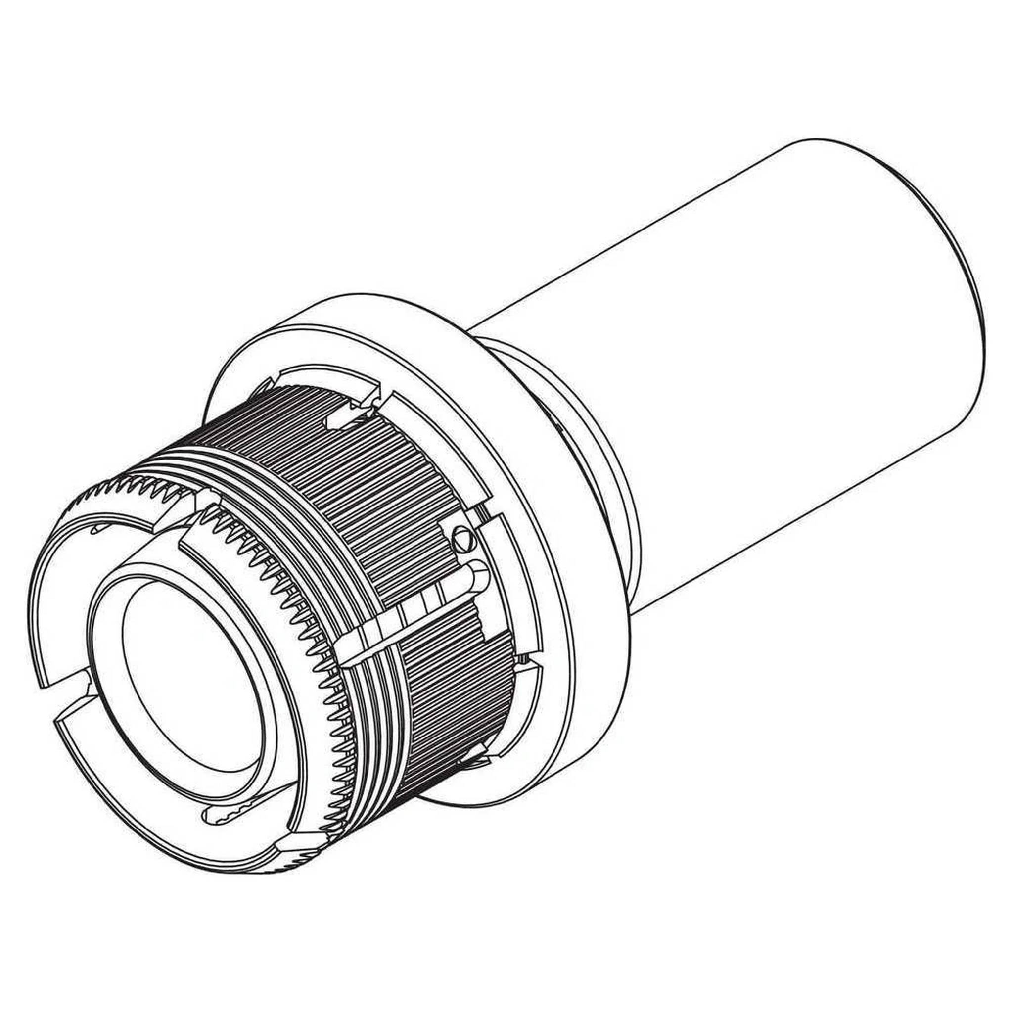 Technische Strichzeichnung einer zylindrischen mechanischen Baugruppe, die eine Schnittansicht von internen Zahnrädern oder Spulen in einem Gehäuse zeigt.