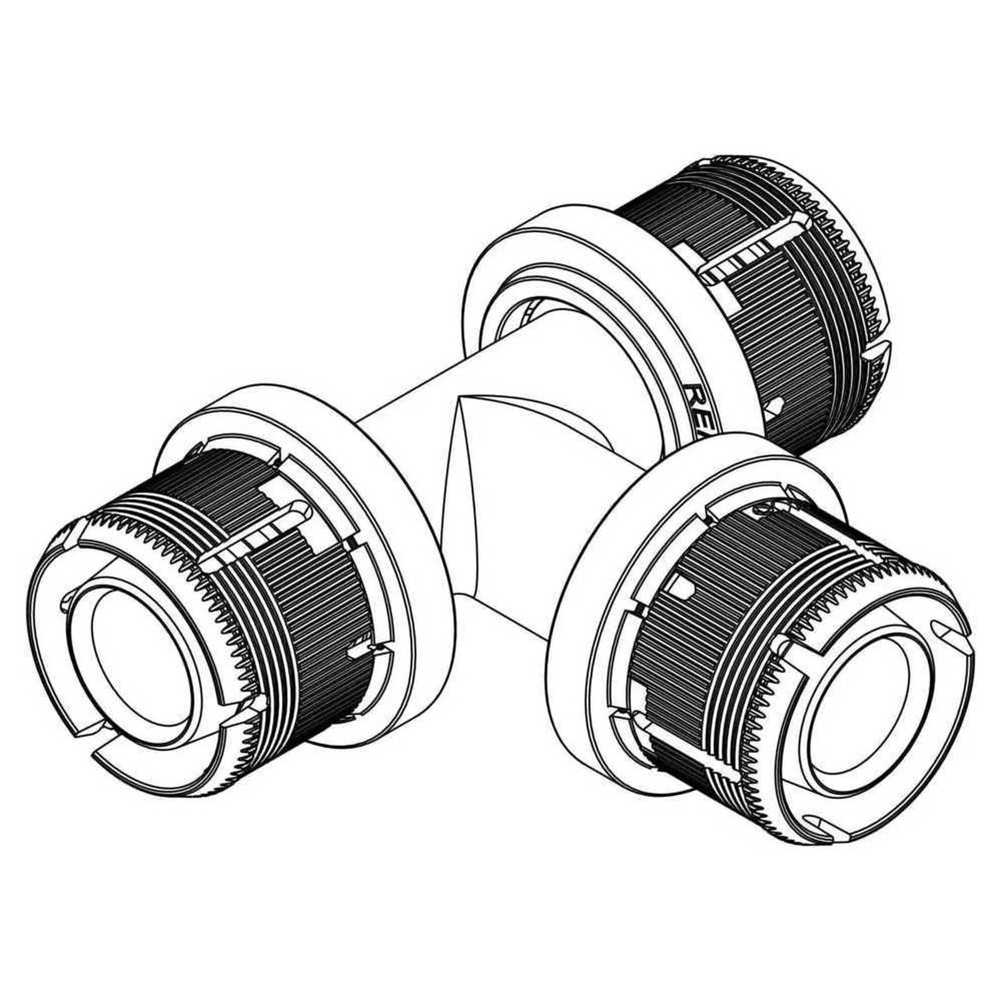 Isometrische Strichzeichnung einer Drei-Wege-Rohrverbindung mit Gewindeverbindern, dargestellt als technische Illustration auf weißem Hintergrund.