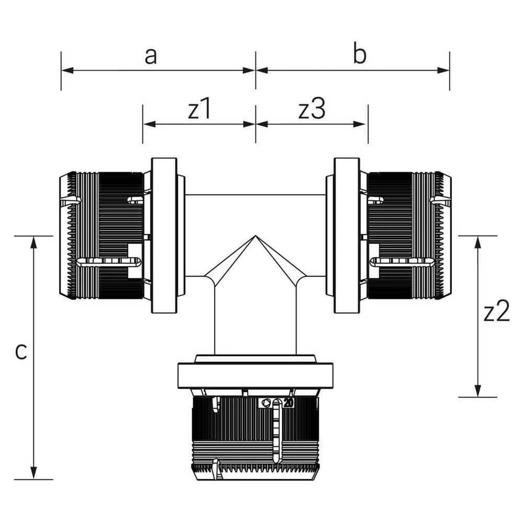 Technisches Schaltbild einer Dreimotoranordnung mit beschrifteten Abmessungen a, b, c, z1, z2 und z3.