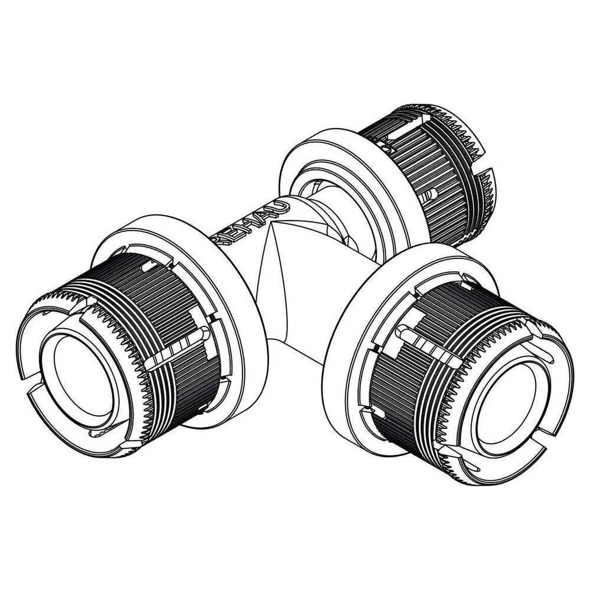 Schwarz-weiße technische Illustration eines dreiweg-Verbindungsstücks mit drei zylindrischen Anschlüssen, die in der Mitte verbunden sind.