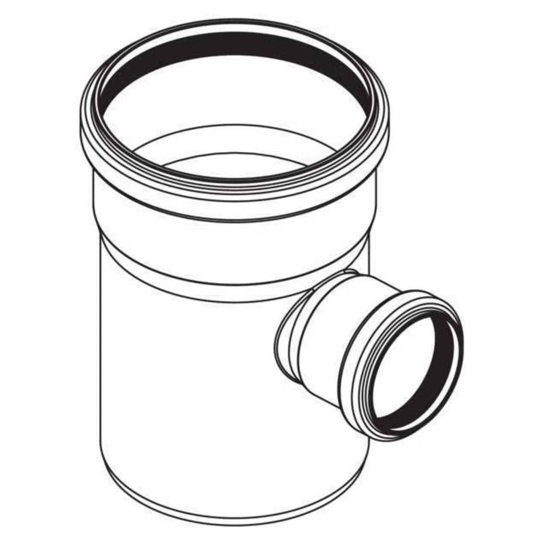 Illustration einer Kunststoffrohrverbindung: ein vertikales zylindrisches Drain- oder Lüftungsrohr mit einem seitlichen Auslassanschluss.