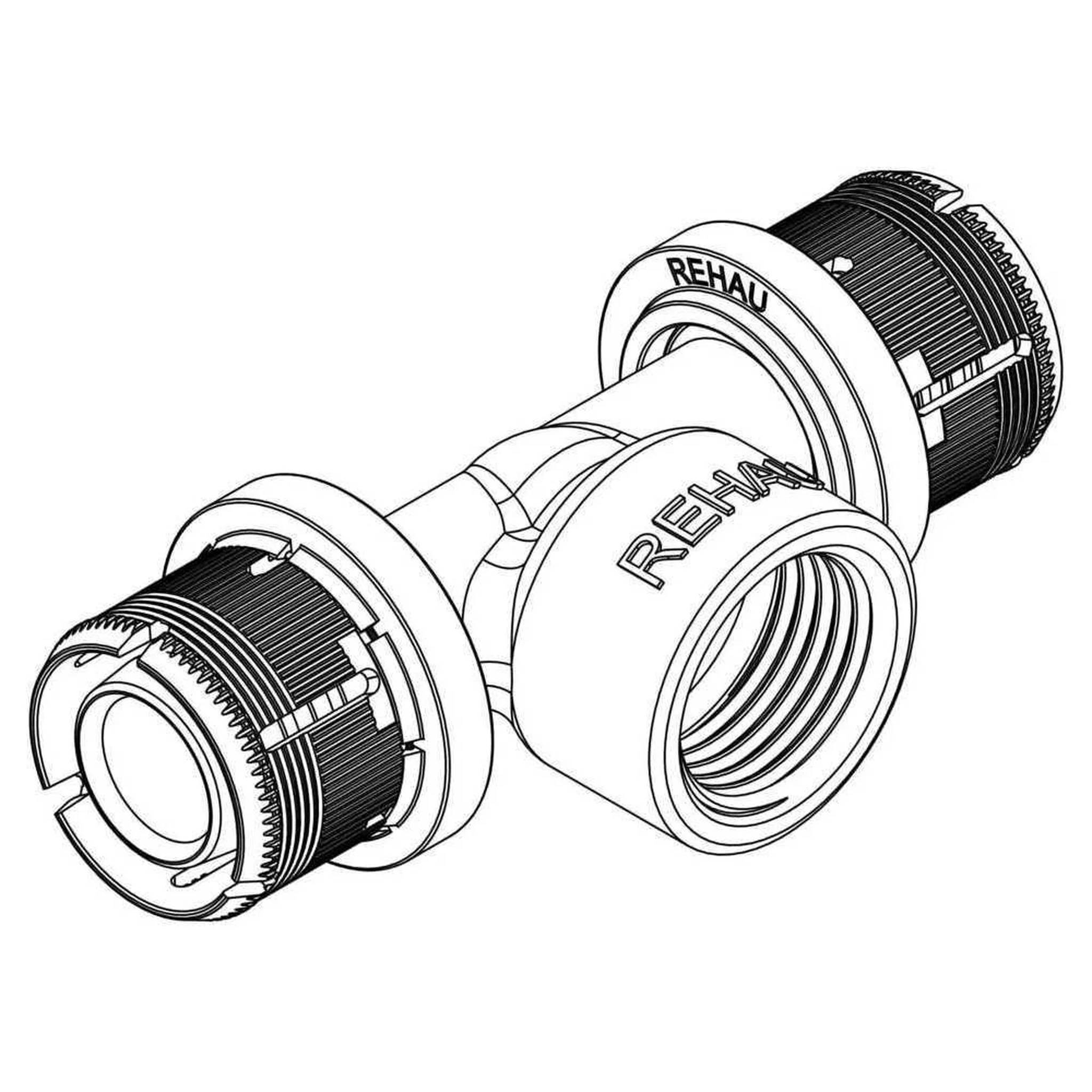 Schwarz-weiße technische Illustration einer REHAU-Gewinderohrverschraubung/eines Verbinders mit drei Anschlüssen, in Perspektivansicht dargestellt
