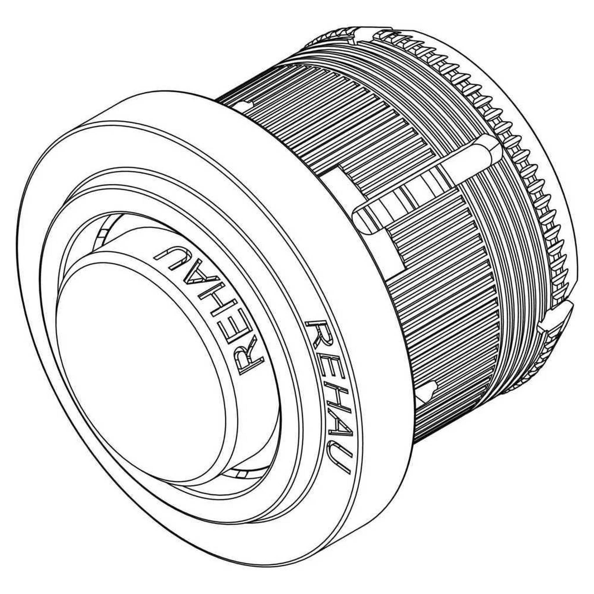 Linienzeichnung eines RHEAU-Zylindermechanikteil, dargestellt in Perspektive mit kreisförmiger Frontkappe und geripptem Körper.