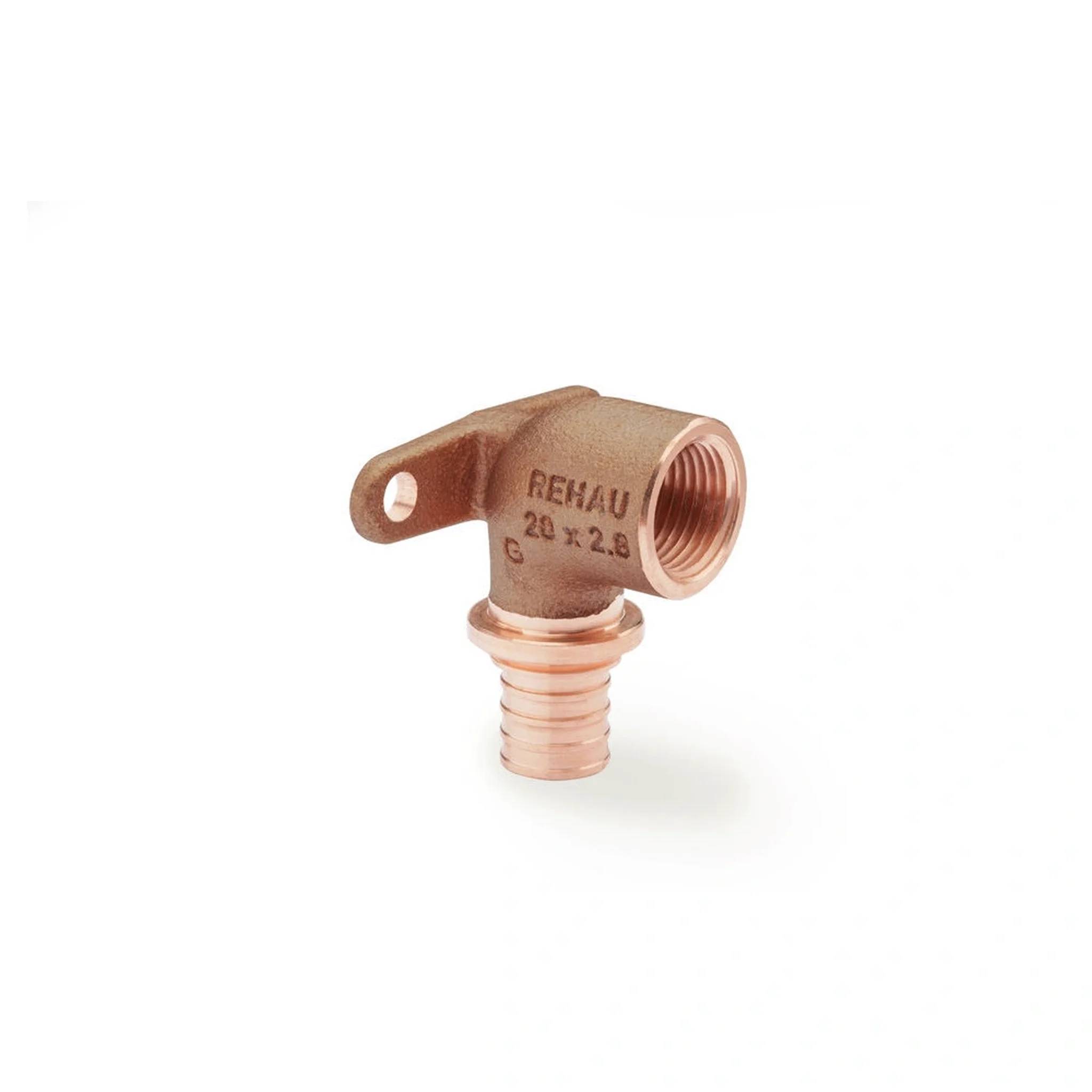 Kupfer-Rohrbogen-Fitting mit Innengewinde und Schlauchstutzen, Marke 'REHAU 20x2.8 G', auf weißem Hintergrund
