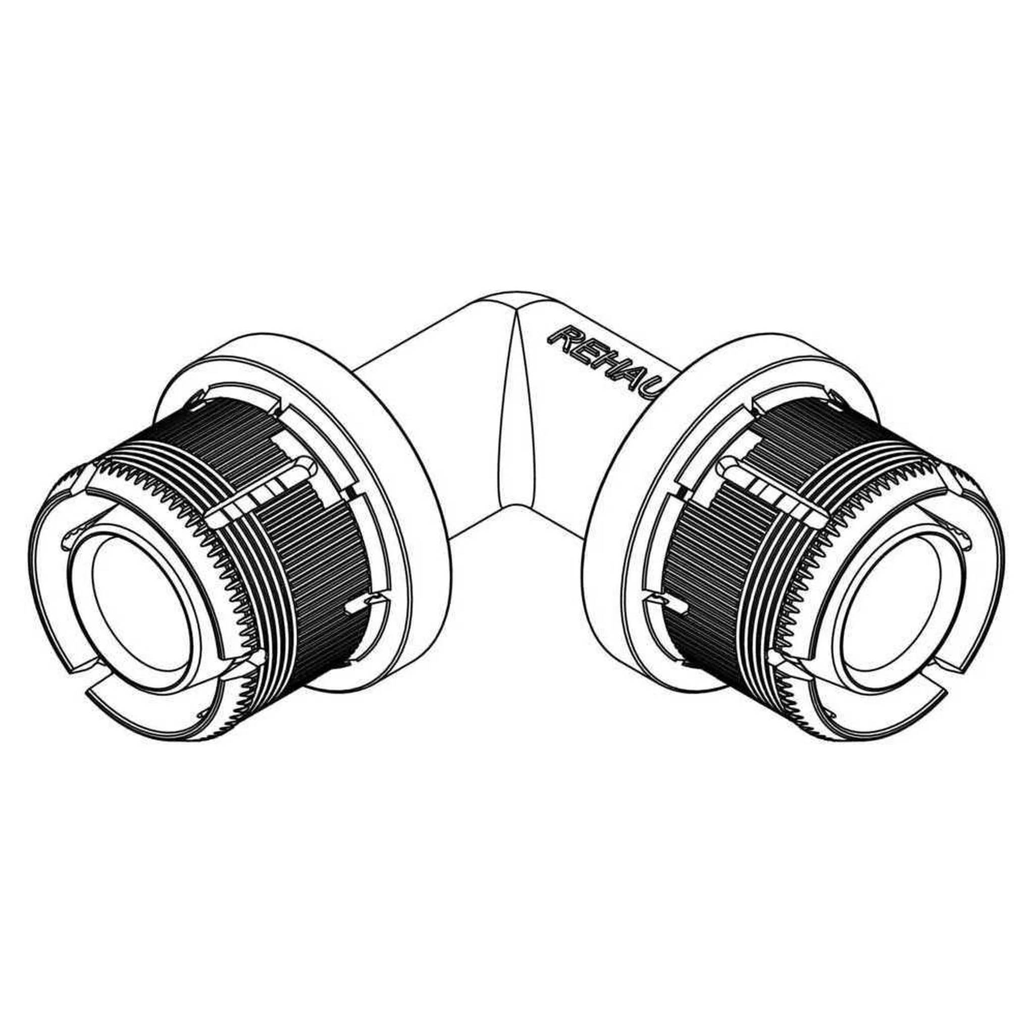 Schwarz-weiße technische Illustration eines rechtwinkligen Rohrkrümmers mit Gewindeverschraubungen an beiden Enden, gekennzeichnet mit „REHAU