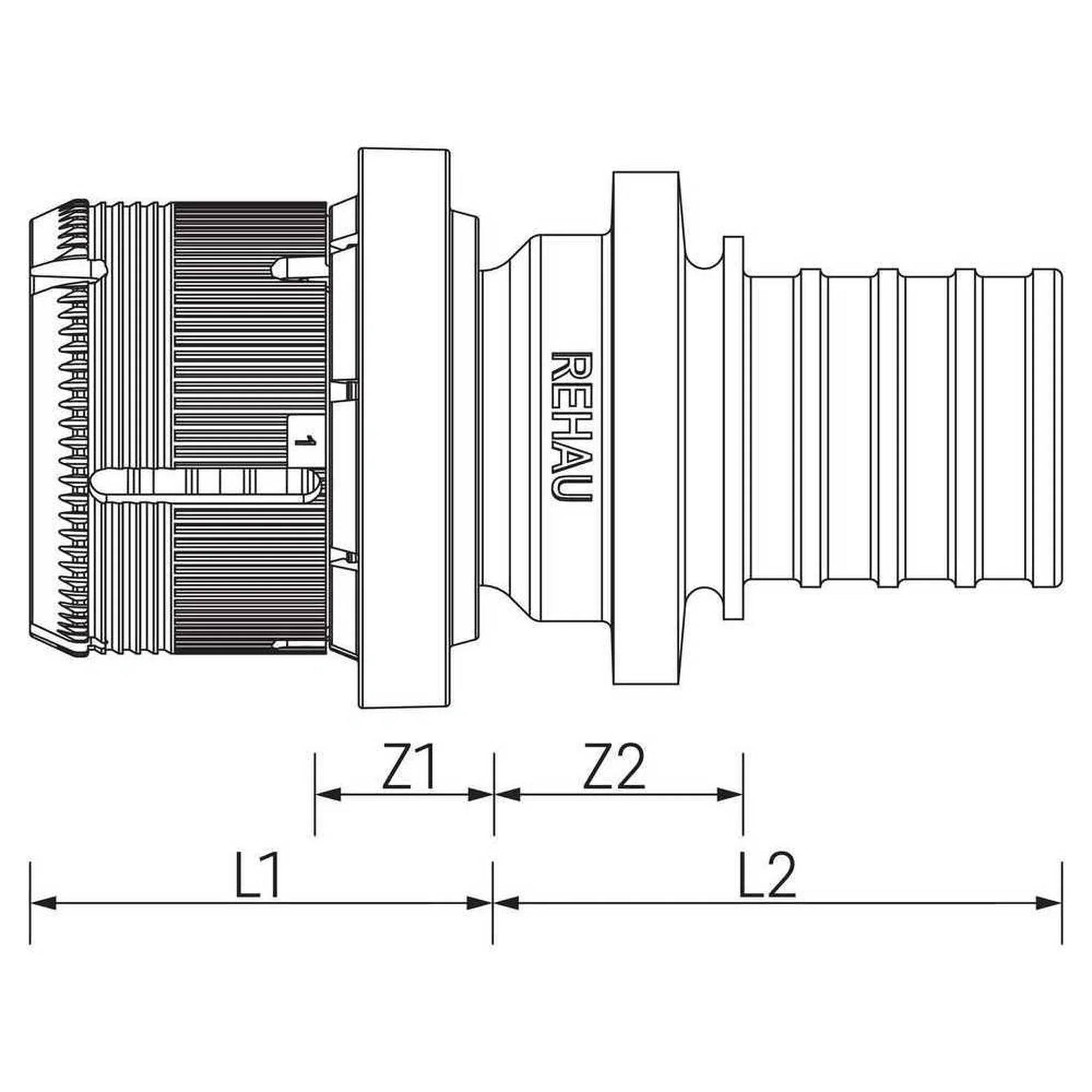 Technische Strichzeichnung eines REHAU-Kabelverbinders mit den Abmessungen Z1, Z2, L1 und L2.