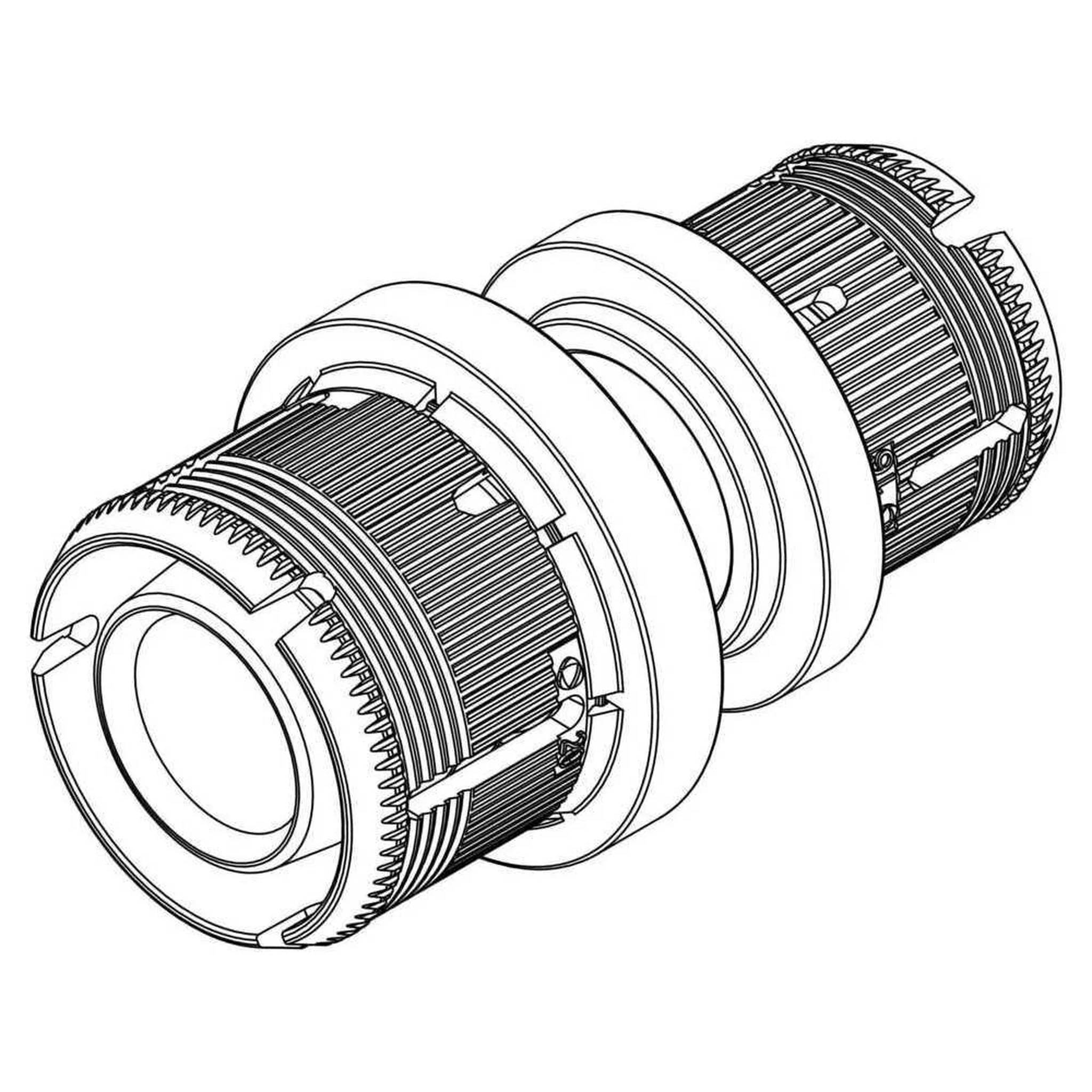 Technische Linienzeichnung eines zylindrischen mechanischen Verbinders oder einer Kupplung mit gerippten Außenbereichen und einem zentralen Ring