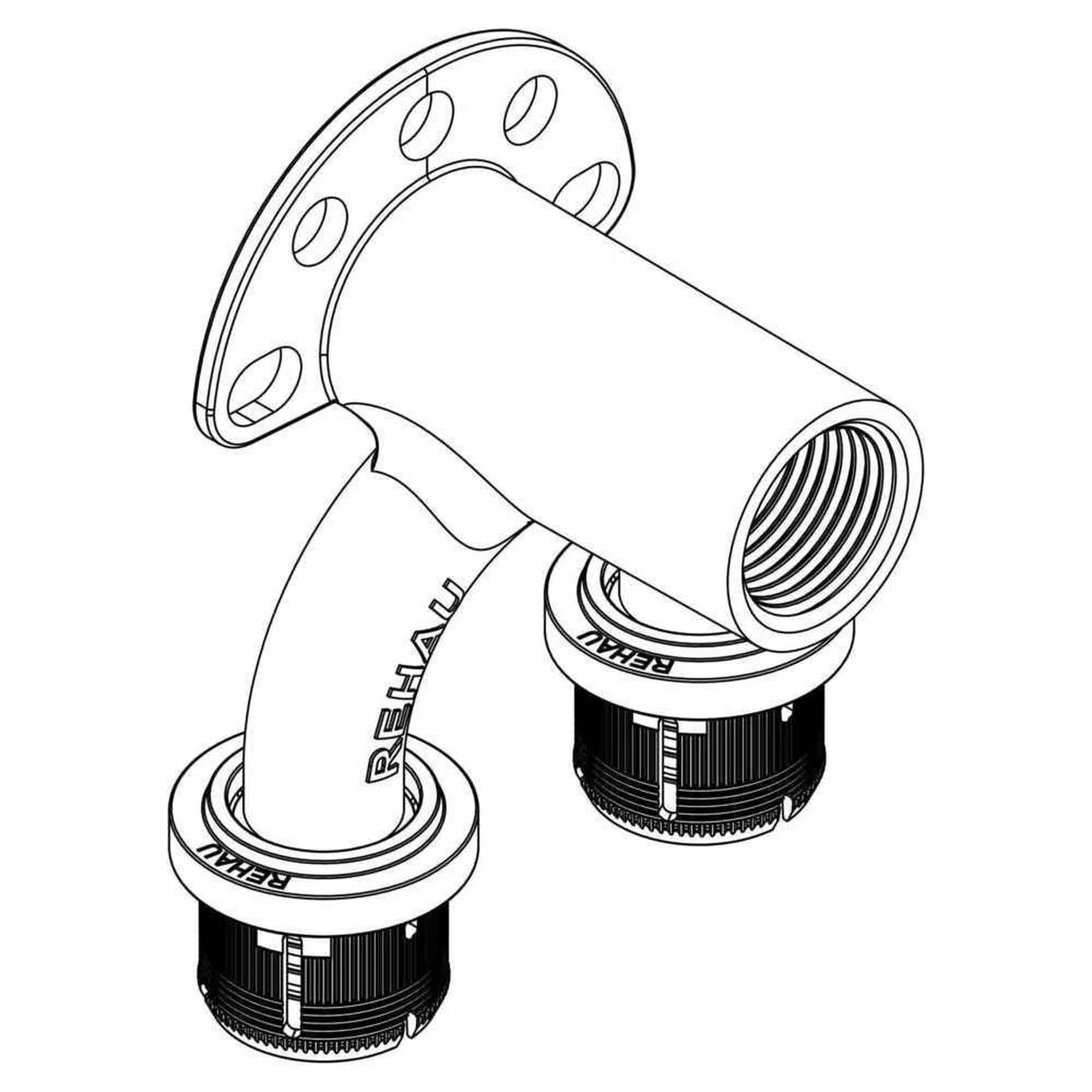 Technische Illustration einer Rohrverschraubung mit flanschtem Ende und zwei Gewindeverbindern, gekennzeichnet mit 'REHAU'.
