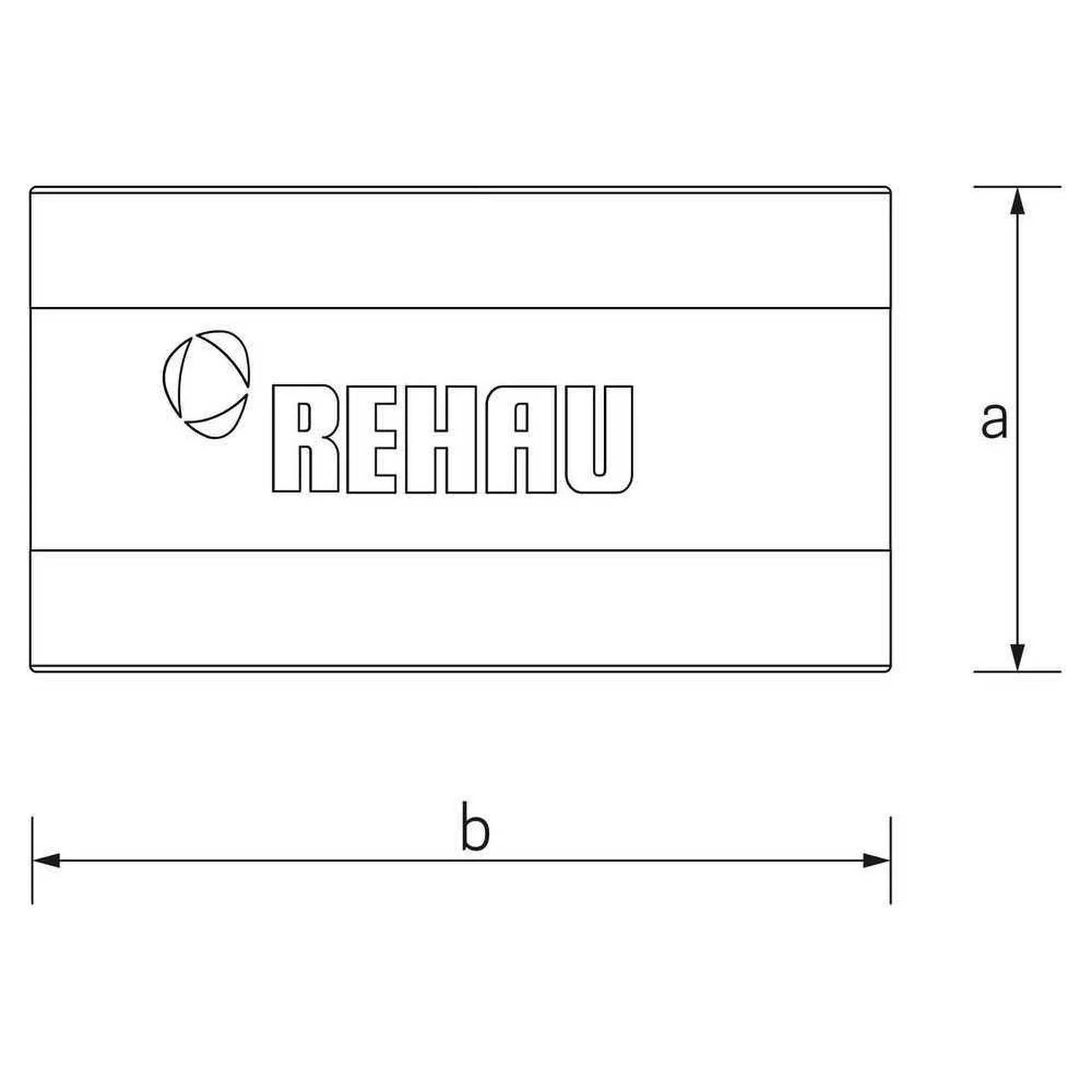 Technische Zeichnung eines rechteckigen REHAU-Panels oder Etiketts mit den Abmessungen Höhe a und Breite b gekennzeichnet.