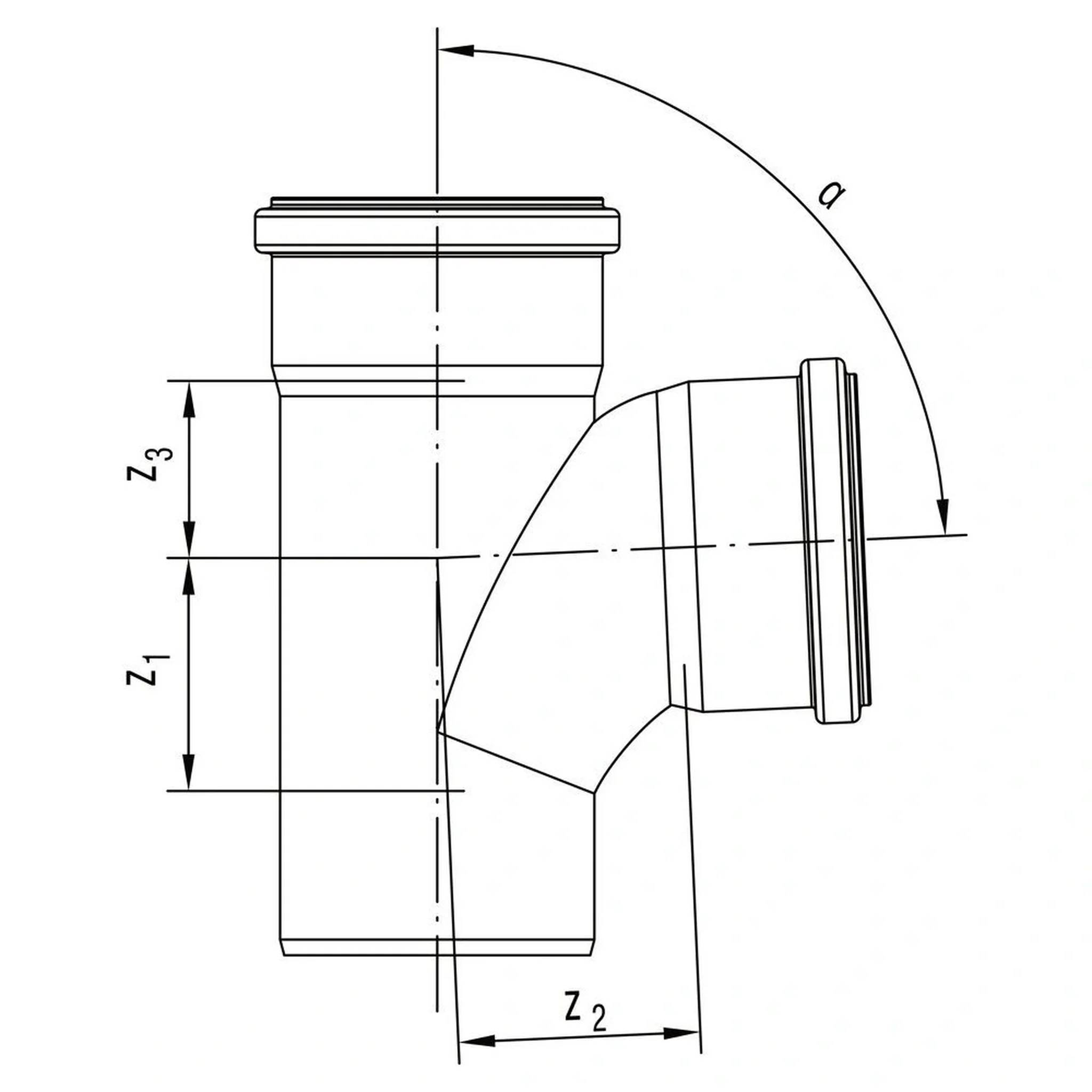 Technisches Diagramm einer Rohrverbindung, das einen 90-Grad-Bogen/Abzweig mit beschrifteten Abmessungen z1, z2, z3 und Winkel α zeigt.