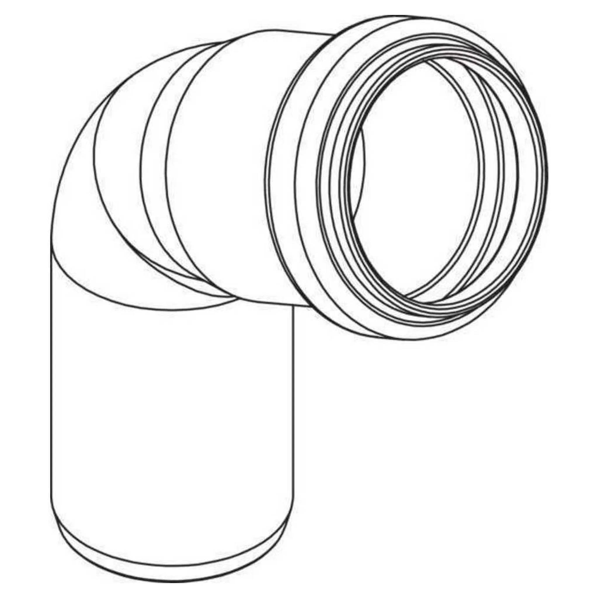 Linienzeichnung einer 90-Grad-Rohrkrümmung mit zylindrischer Steckverbindung, dargestellt in Perspektive auf einem weißen Hintergrund.