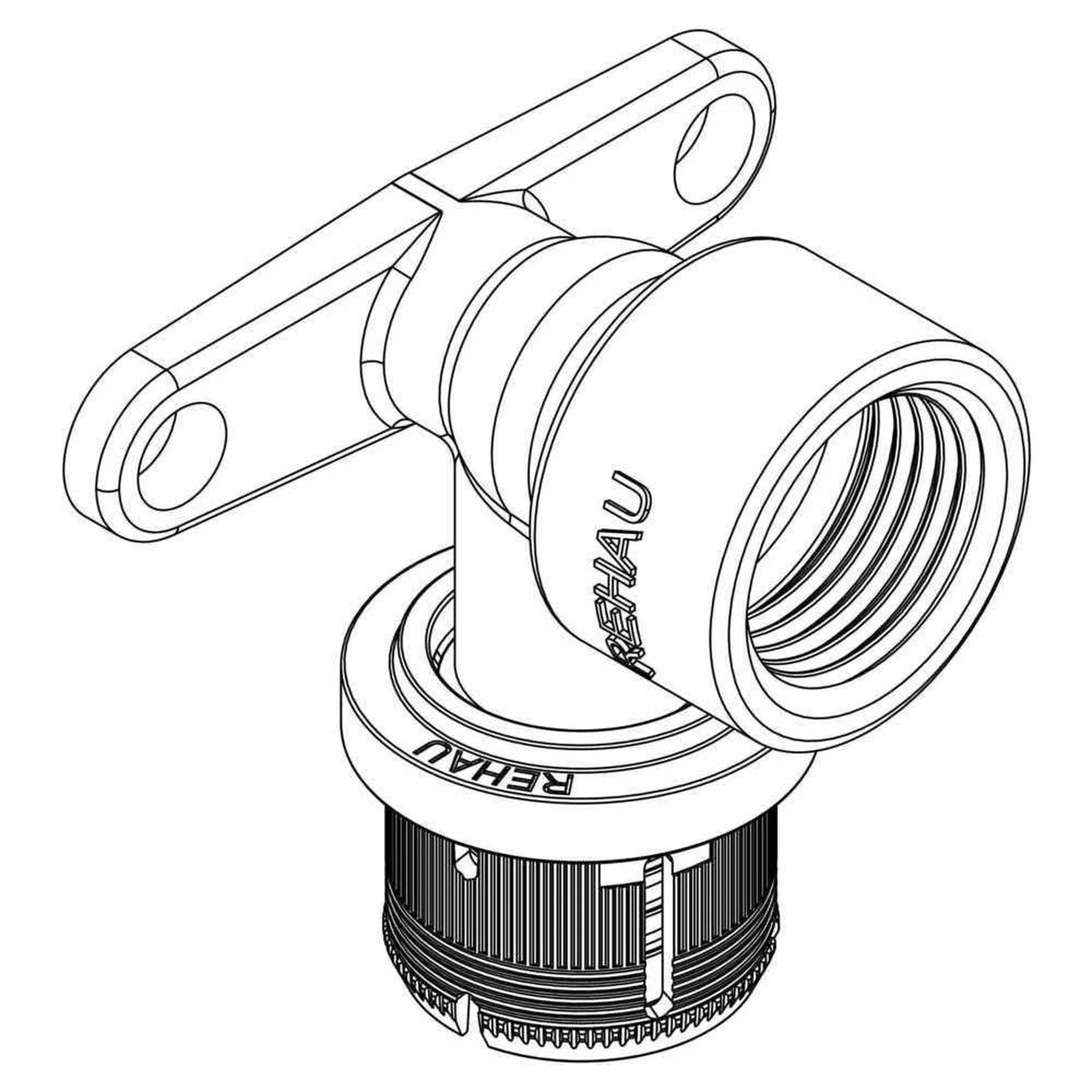 Strichzeichnung einer Gewindeinstallationsfitting mit einer zweilöchrigen Montageklammer und einem zylindrischen verstellbaren Sockel, gekennzeichnet mit „REHAU