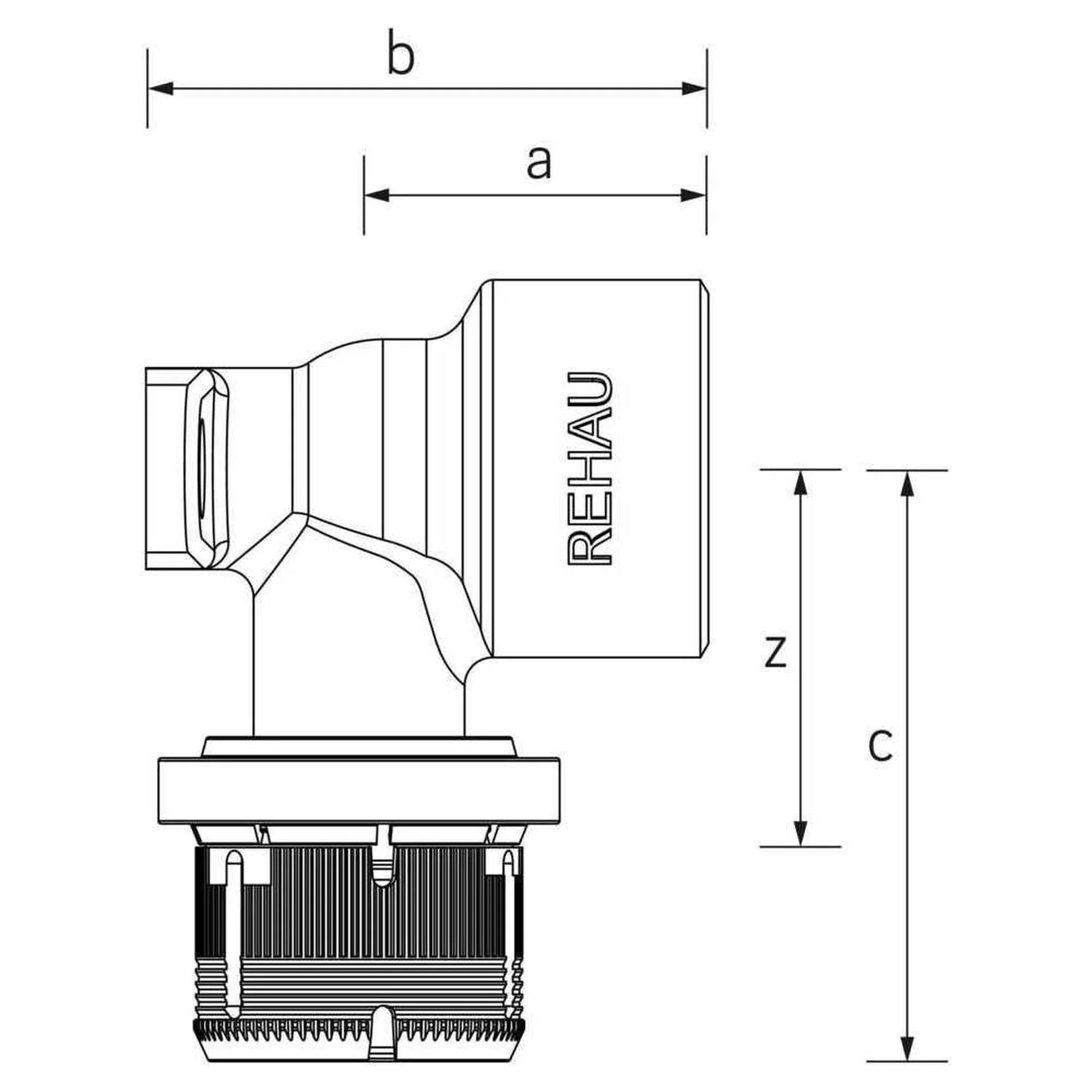 Technische Strichzeichnung einer abgewinkelten Ventilarmatur von REHAU mit beschrifteten Abmessungen a, b, c und z, dargestellt durch Pfeile.