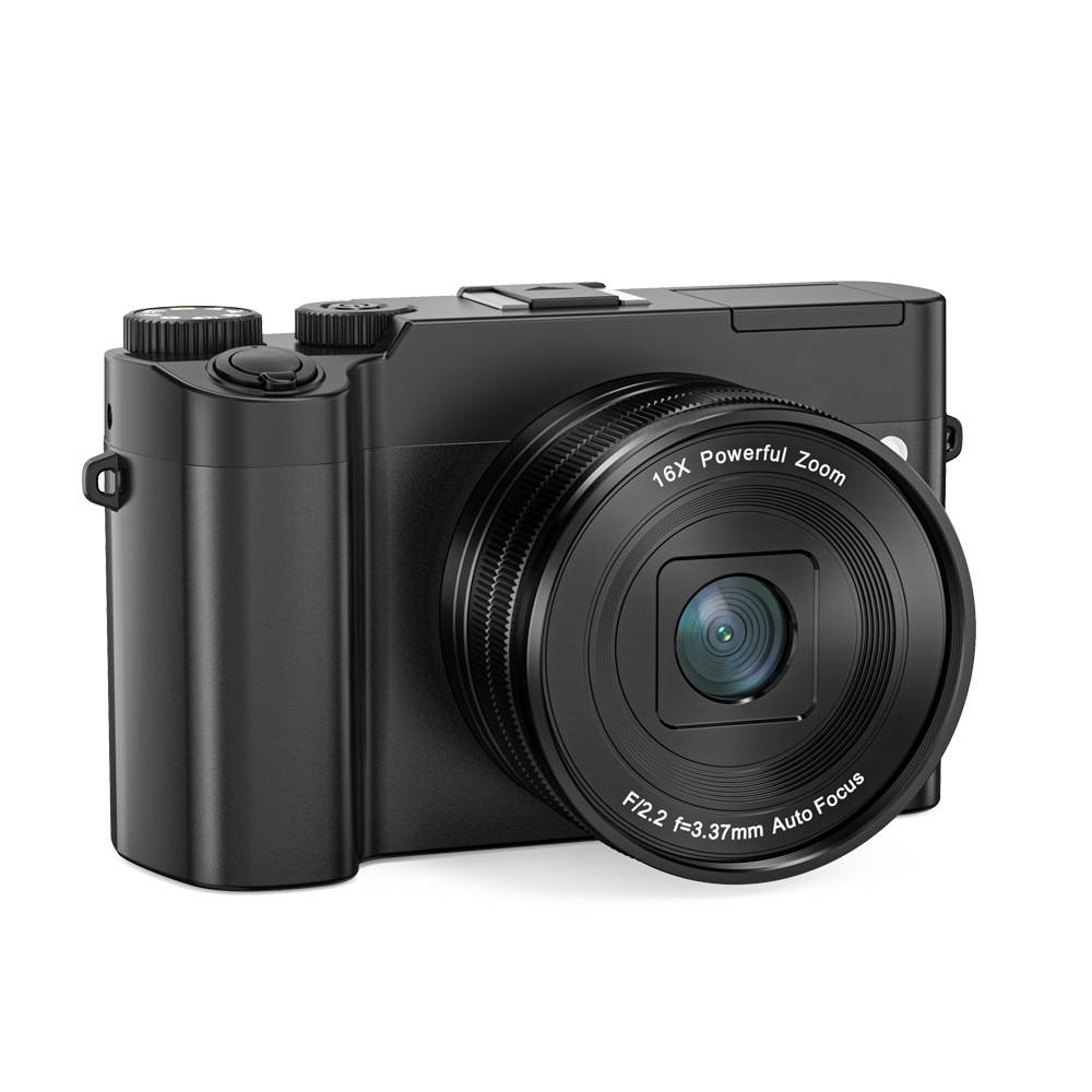 Eine schwarze Digitalkamera mit einem prominenten Objektiv, das auf der Vorderseite mit 