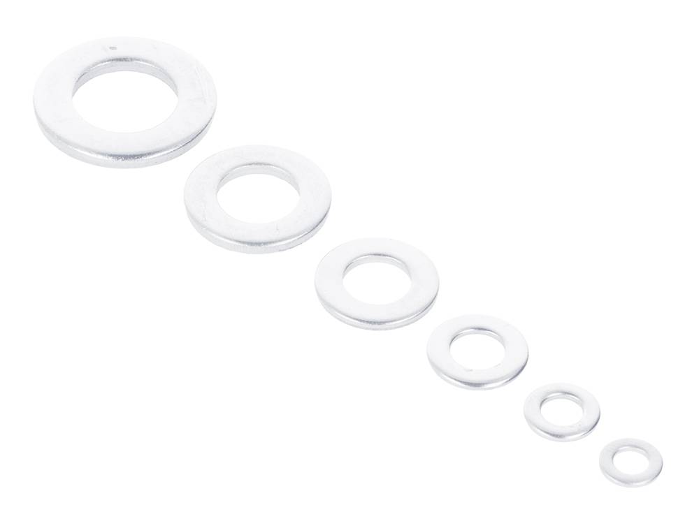 Fünf Metallscheiben in abnehmender Größe von links nach rechts auf weißem Hintergrund angeordnet.