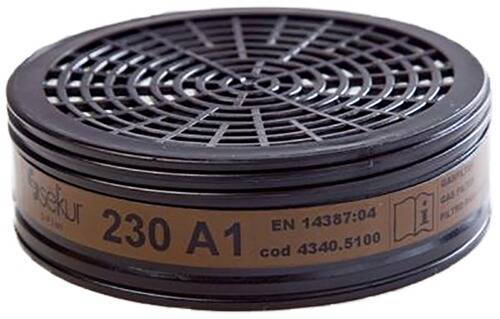 Schwarzer und brauner zylindrischer Luftfilter mit Beschriftung 230 A1, EN 14387:04, Kod 4340.5100.