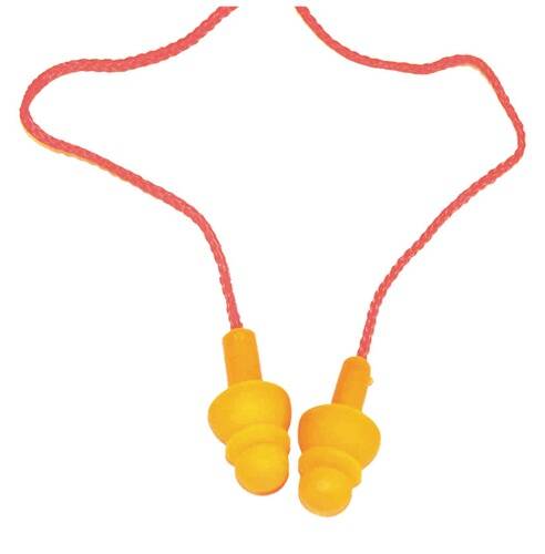 Ein Paar orangefarbene wiederverwendbare Ohrstöpsel, die durch eine rote Schnur verbunden sind und zum Schutz des Gehörs verwendet werden.