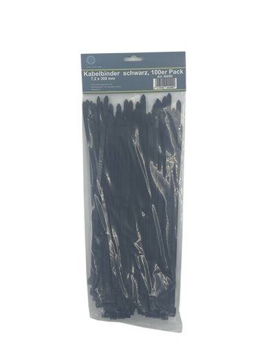 Ein Paket schwarzer Kabelbinder, beschriftet mit „Kabelbinder schwarz, 100er Pack 7.2 x 300 mm