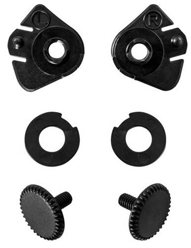 Zwei schwarze Kunststoff-Fahrradpedale mit Unterlegscheiben- und Bolzensätzen zur Pedalanbringung.