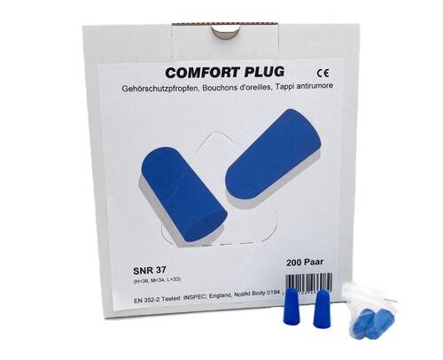 »Comfort Plug« Ohrstöpsel-Schachtel mit zwei blauen Ohrstöpseln. Gekennzeichnet für Lärmreduktion (SNR 37), enthält 200 Paare.