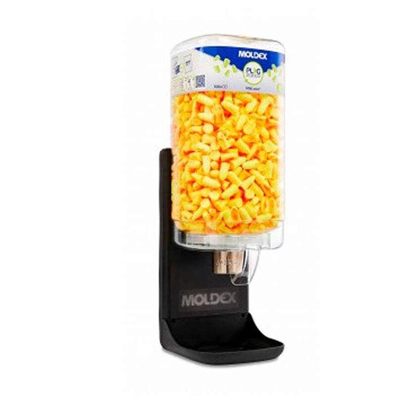 Ein wandmontierter Spender gefüllt mit orangefarbenen Ohrstöpseln der Marke 