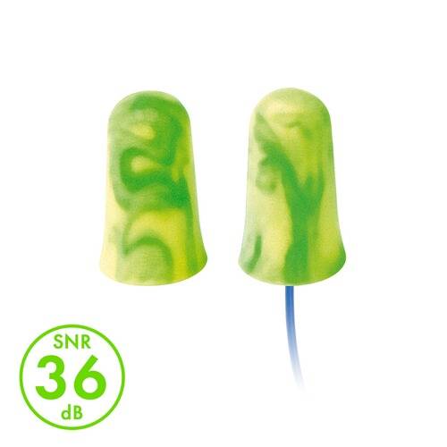 Grüne und gelbe Schaumstoff-Ohrstöpsel mit angegebener SNR 36 dB. Konzipiert zur Lärmreduzierung.