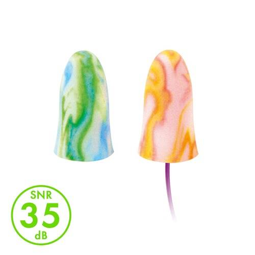 Zwei bunte Schaumstoff-Ohrstöpsel mit einer Lärmreduktionsrate von 35 dB (SNR), angezeigt in einem grünen Kreis.